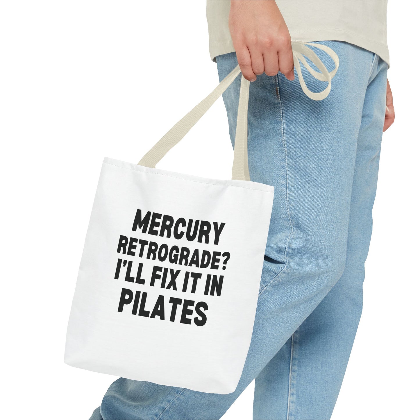 Pilates Tote Bag — “Mercury Retrograde? I’ll Fix It in Pilates” | Aligned Spine & Stars Yoga Tote