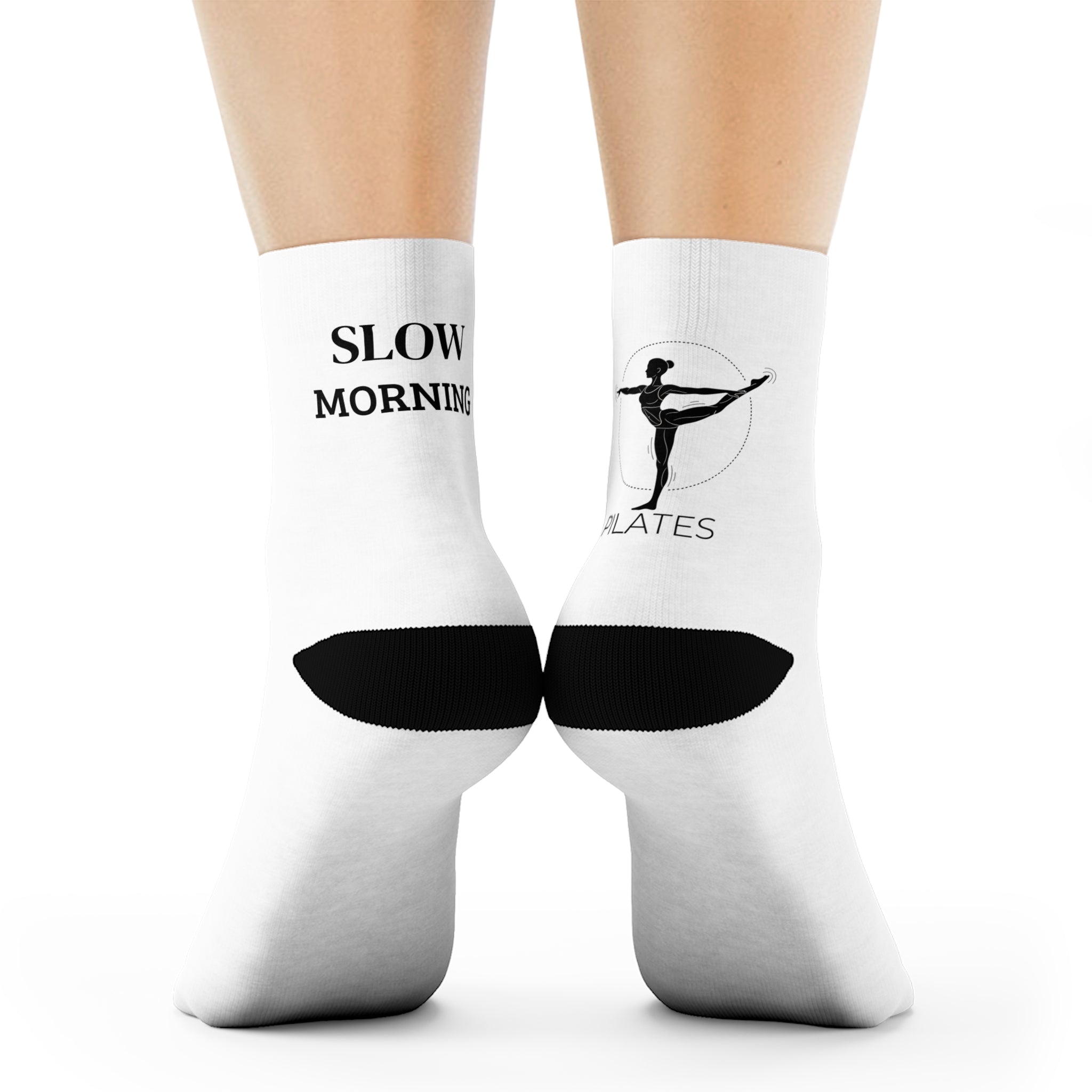 Crew Socks — 'Slow Morning' & Pilates Minimalist White Crew Socks (Wellness, Yoga, Gift)